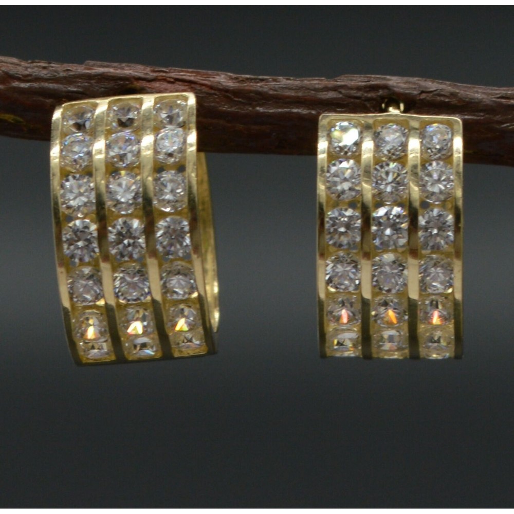 10k Solid Gold 3-Row Channel-Set CZ Hoop Earrings